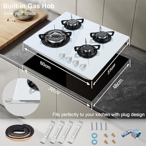TopStrong Plaque de Cuisson Gaz 4 Feux, 60cm Plaque Gaz 4 Feux avec Sécurité Thermocouple, Cuisinière Encastrable, Naturel/Propane, 8060W, 220 240 V, Verre Noir : Gros électroménager