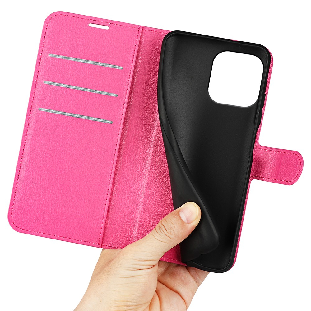 iPhone 15 Pro Max Leder Tasche Flip Cover Litchi Look - Pink