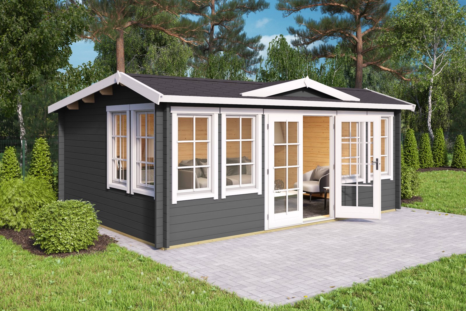 Gartenhaus BALMORAL 44 - carbongrau - Fichte massiv - 380x239,4 cm