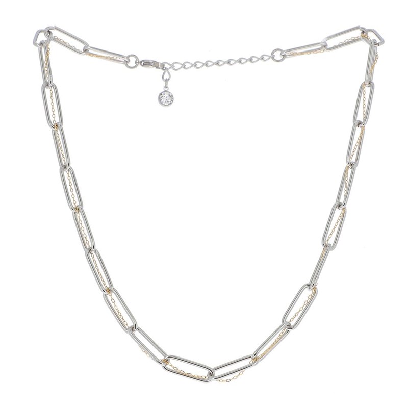 Collier en acier grosse maille argentée et petite maille dorée avec pierre Crystal Swarovski, chaînette réglable