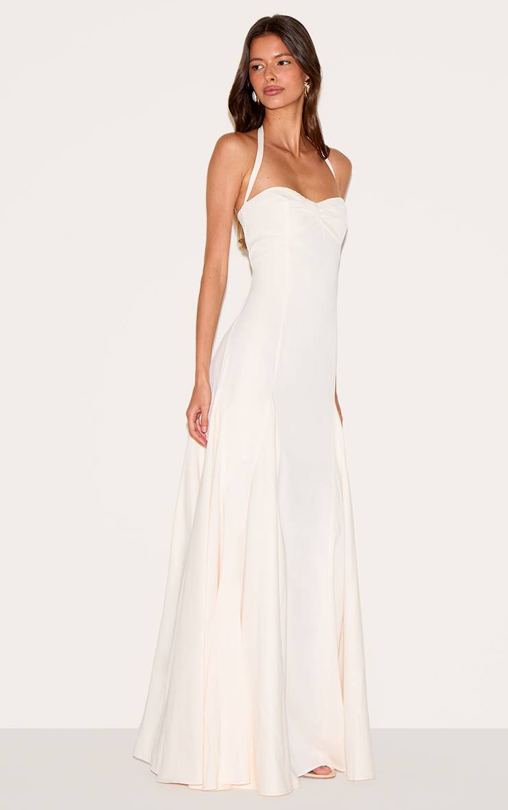 Crème Robe Longue Tissée À Encolure Américaine Avec Détail Froncé Au Buste