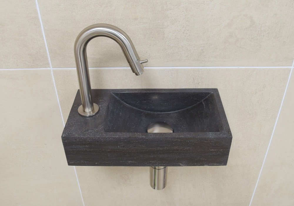 Mueller Small natuursteen fonteinset links met RVS gebogen fonteinkraan en toebehoren