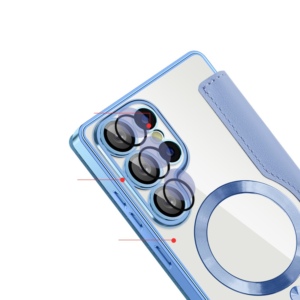 Samsung Galaxy S25 Ultra Hybrid Leder Tasche   Kunststoff Rückseite MagSafe-Modul (RFID Schutz) - Blau / Transparent