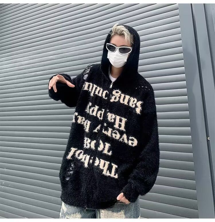 Femilina - Lettering Distressed Hooded Zip Cardigan