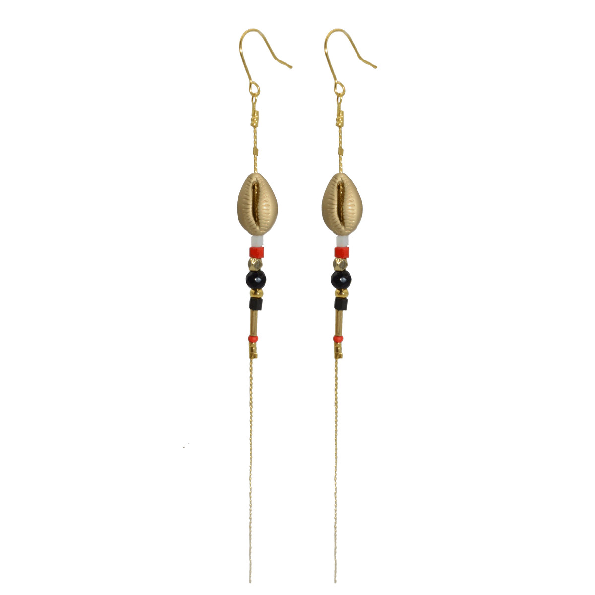 Boucles d'oreilles pendantes cauri perles doré à l 'or fin