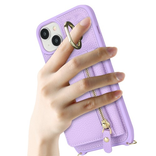 iPhone 14 / iPhone 13 Necklace Leder Hülle mit Münzfach und Kartenfächer   Finger Griff Halterung   Handykette - Lila