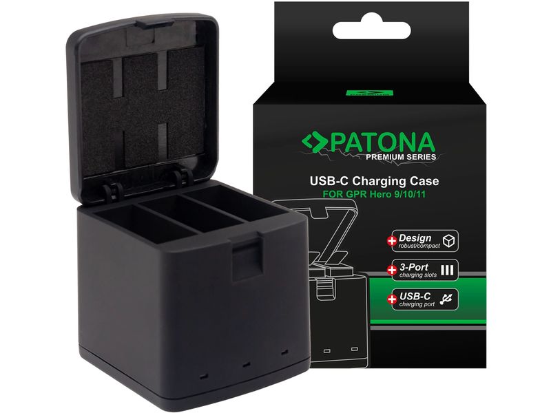 Patona Premium Tripple-Charger für GoPro Hero 9, 10 und 11 Ladebox für GoPro Hero 9, 10 und 11