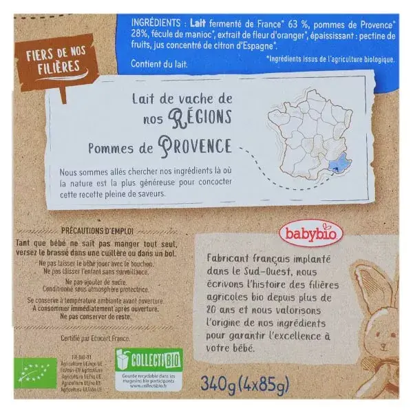 Sobremesas lácteas orgânicas Babybio em sachê, leite de vaca mexido com flor de laranjeira, +6 meses, 4 x 85g