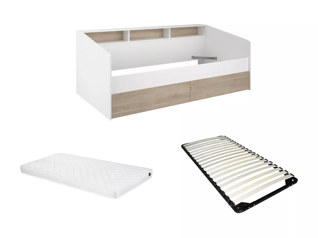 Lit 90 x 190/200 cm avec rangements - Blanc et naturel + Sommier + Matelas - PAULETTE