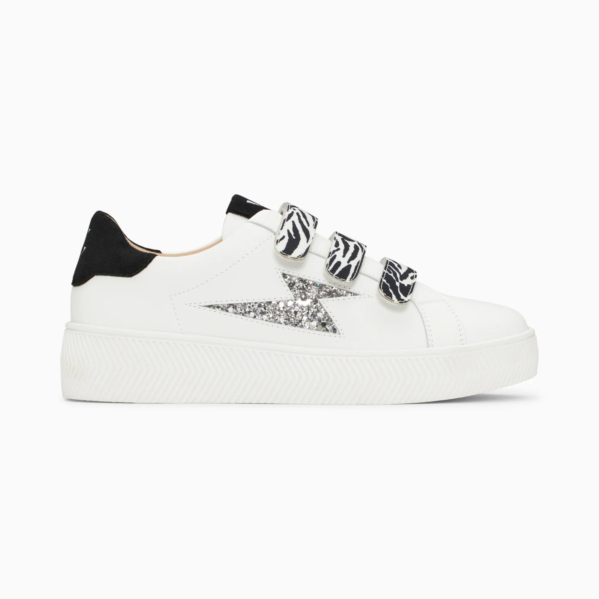 Sneakers-Baskets éclair Noura blanc et argent à scratchs zèbre