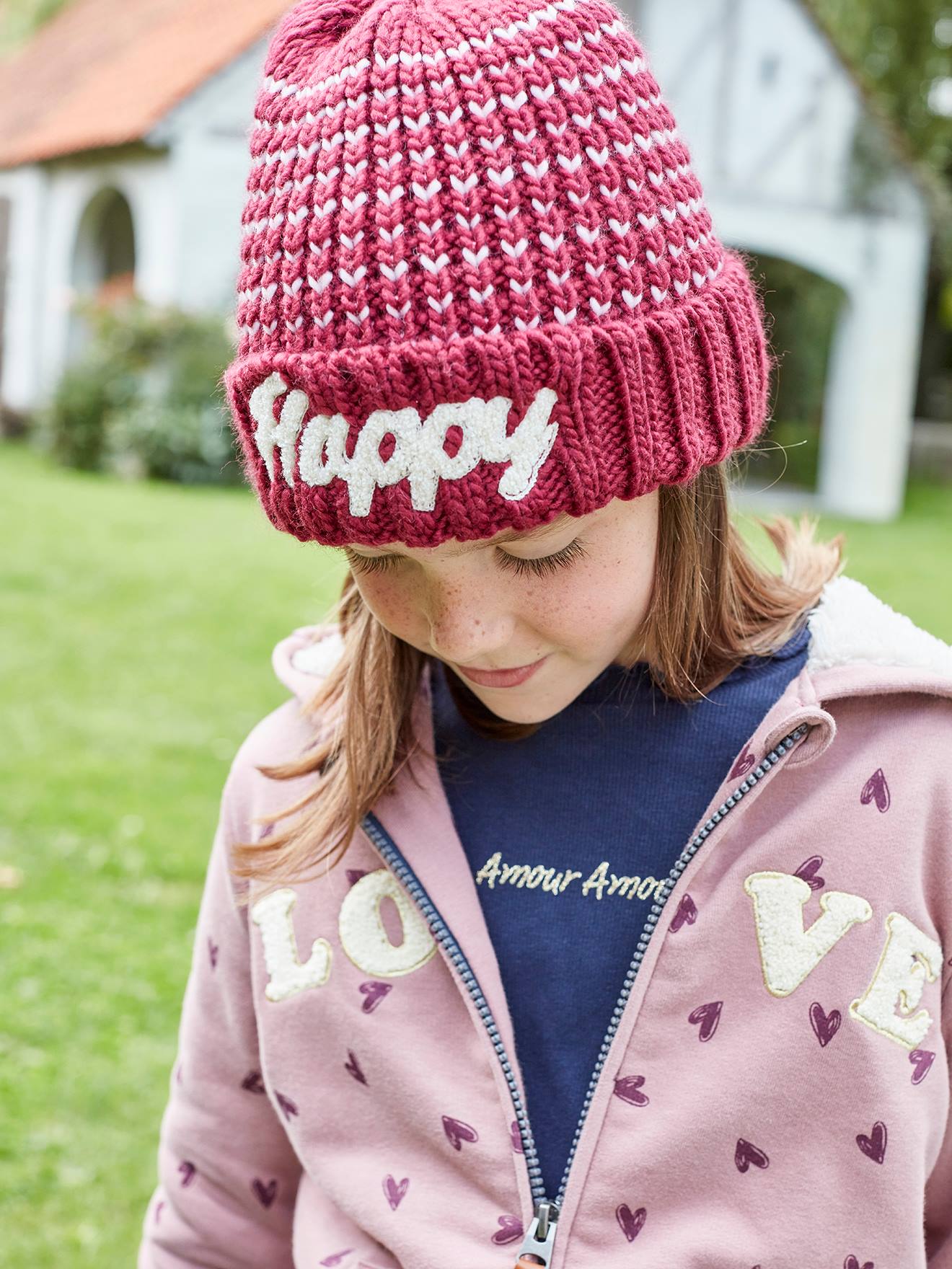 Gorro de malha jacquard para meninas, certificado Oeko-Tex®, rosa escuro, bicolor/multicolorido.