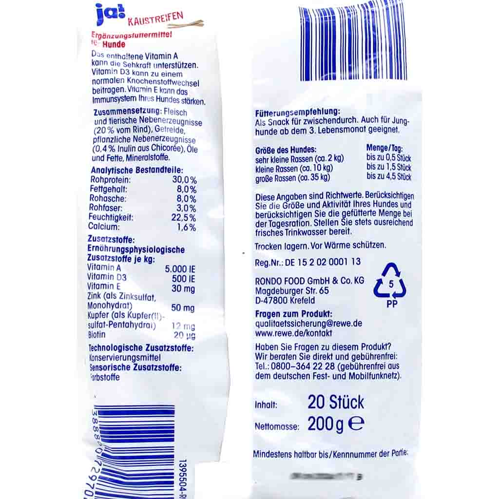 ja! Hundefutter Kaustreifen mit Rind 20er 200g MHD:11.10.26