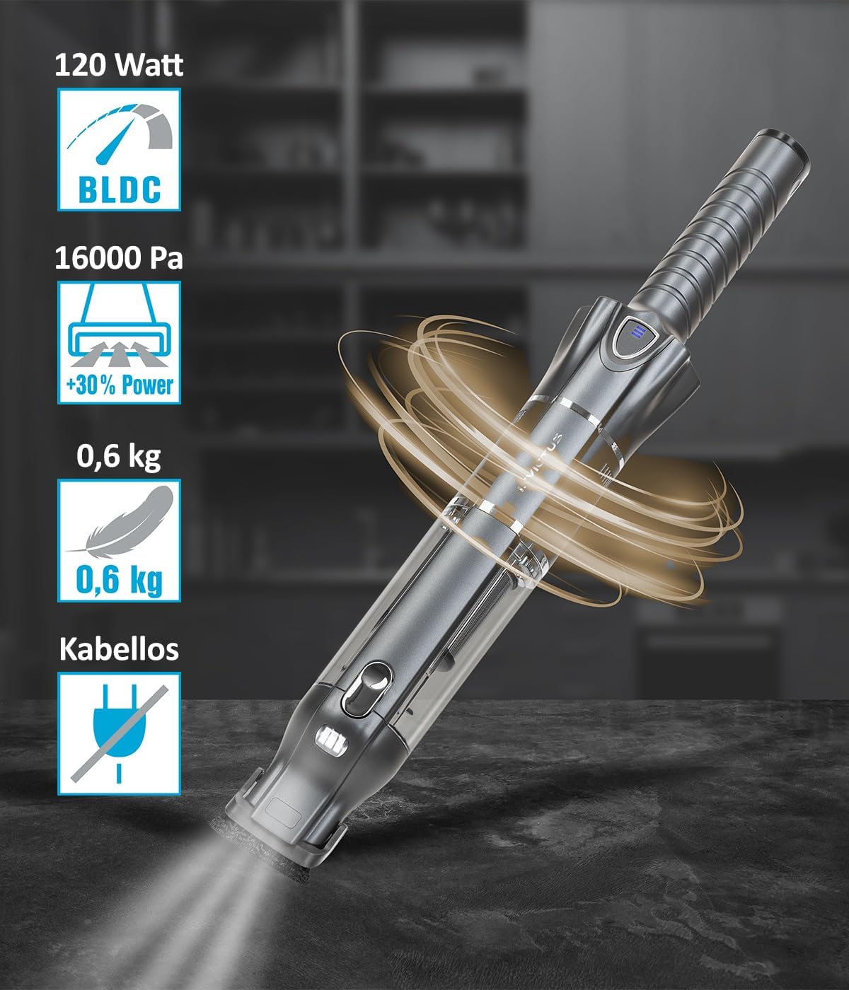 Genius Invictus ONE 3.0e Handstaubsauger 11-TLG. – kabellos, beutellos, Akkustaubsauger. Ultra leicht, für Haus und Auto, leise, aufladbar, Bodenstaubsauger