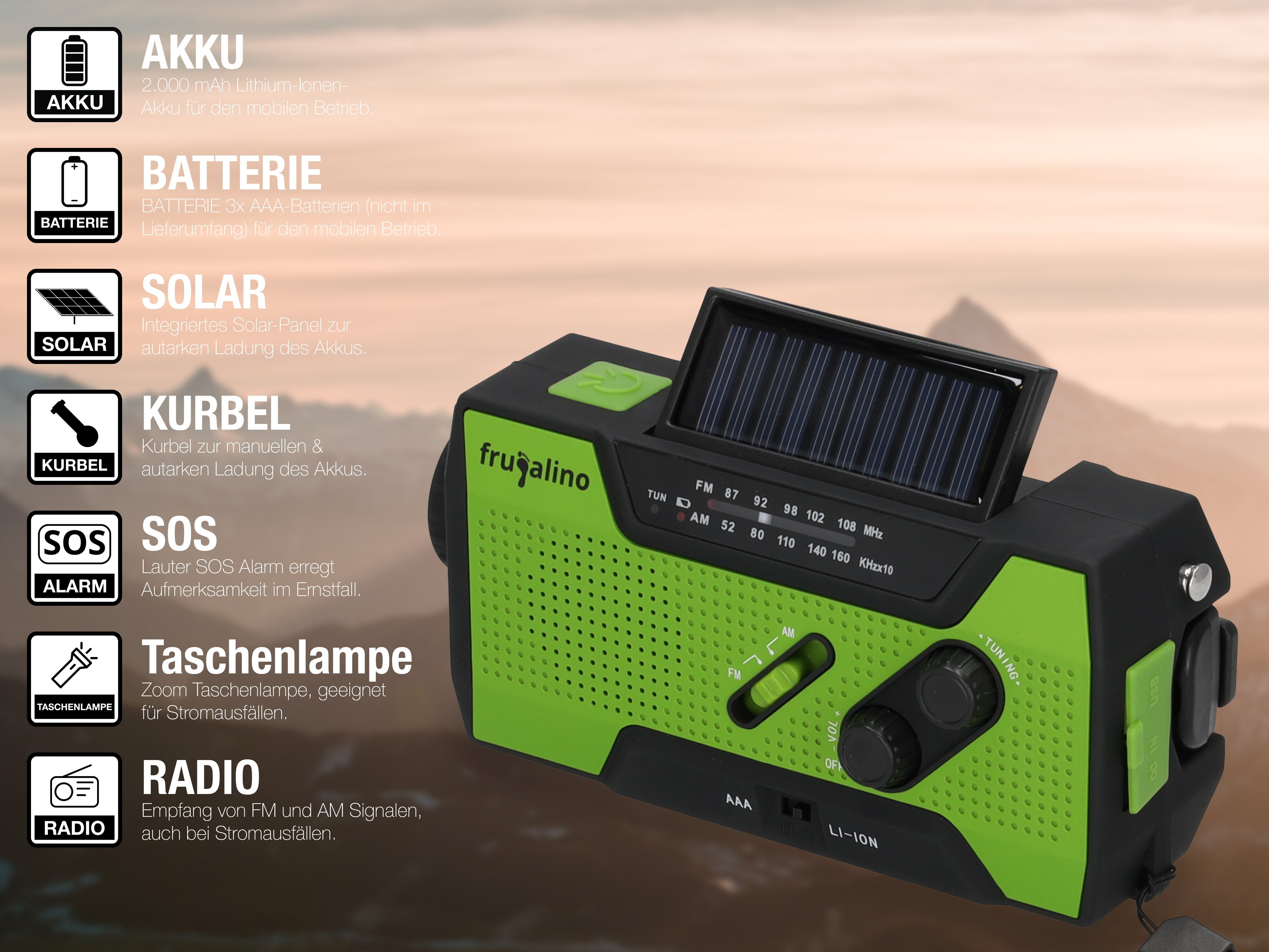 Frugalino Blackout Notfall-Radio, Kurbel, Solar, Akku, SOS Alarm