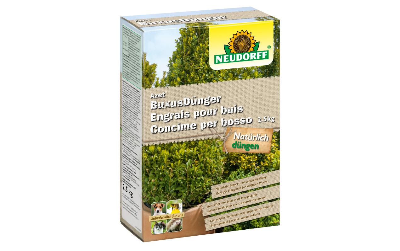 Buxusdünger Azet, 2.5 kgOrganischer NPK-Dünger 7-3-6 für Buxus, Stechpalme, Kirschlorbeer und andere immergrüne Pflanzen