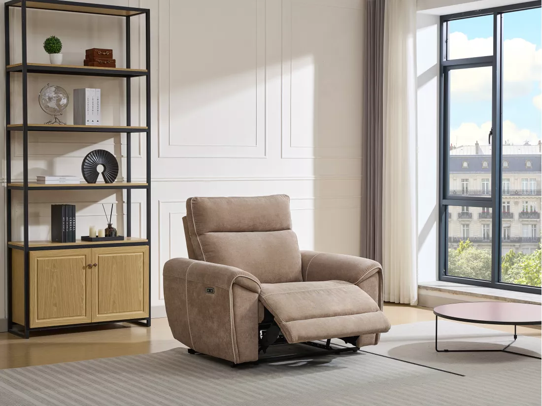 Fauteuil relax électrique en tissu taupe DJARALO