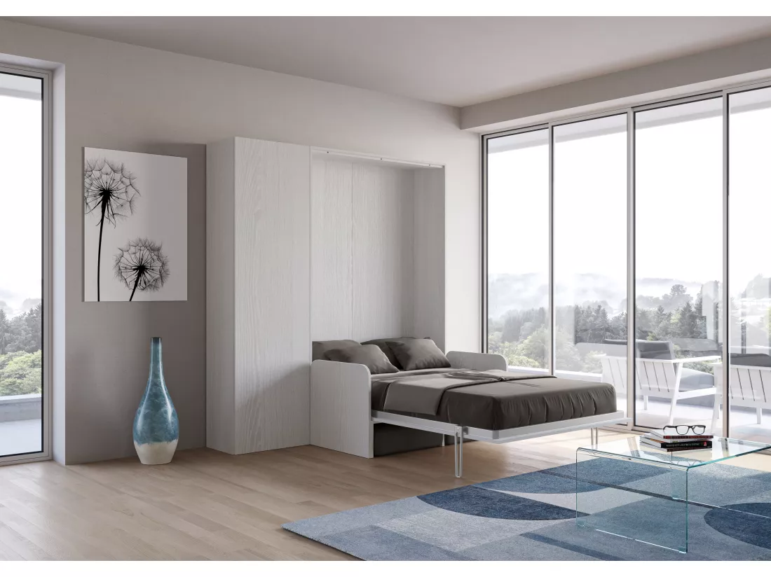 Armoire lit 140x190 avec canapé et colonne de rangement bois blanc Kanto-Couleur Microfibre 17