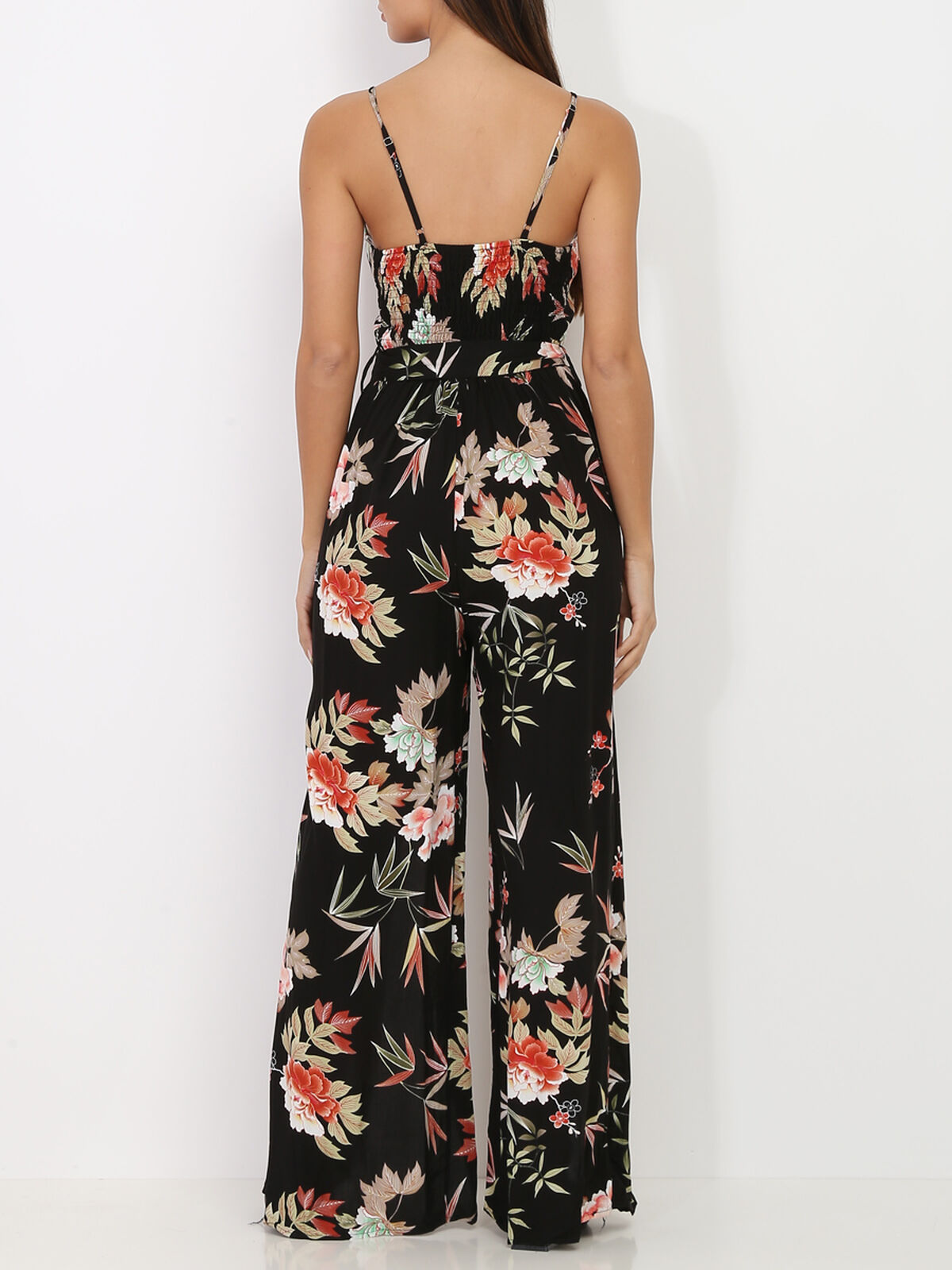 Combinaison fluide fendue à motif floral- Noir