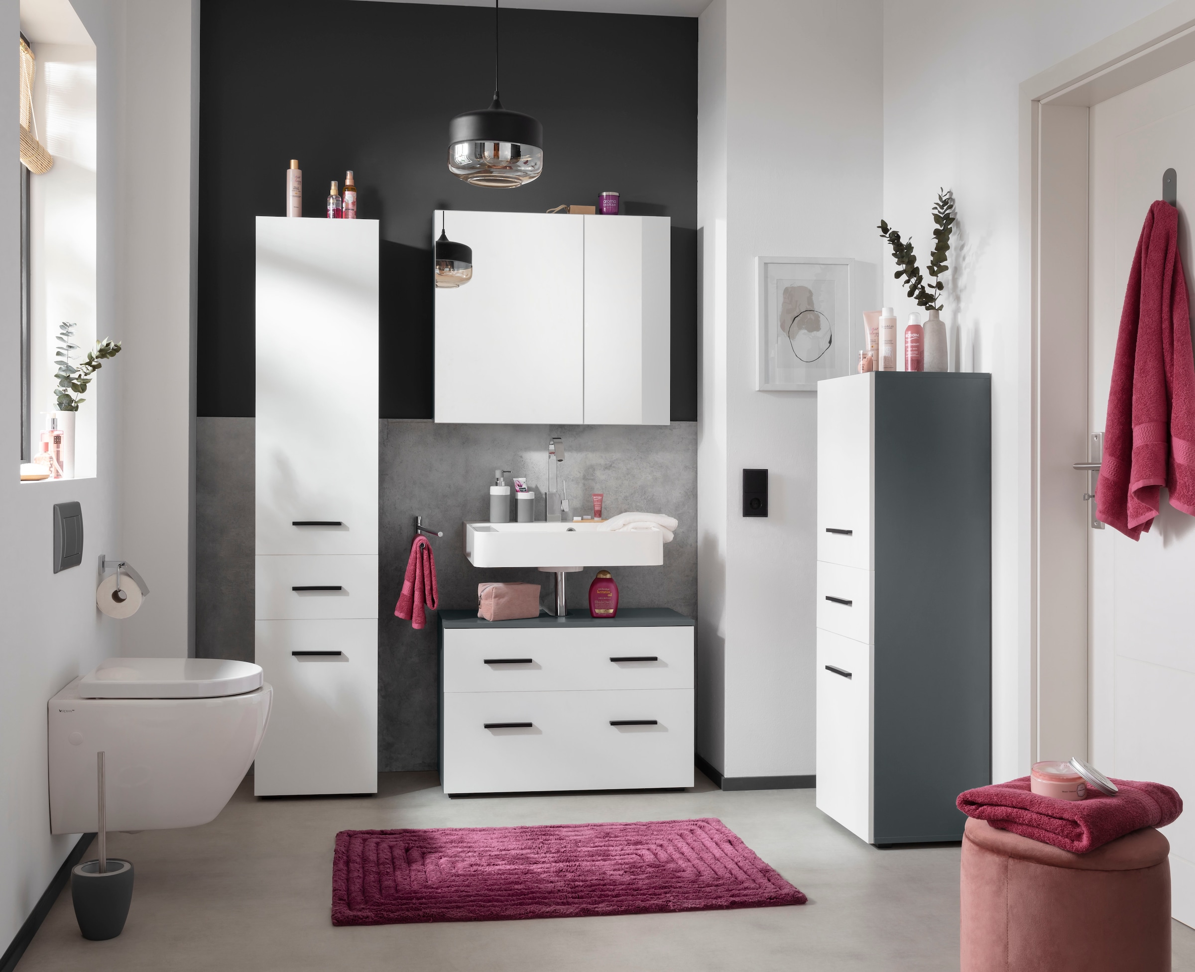 INOSIGN Waschbeckenunterschrank »Skara« mit Klappe und Schubkasten, schwarze Griffe, Breite 80 cm, Höhe 55 cm