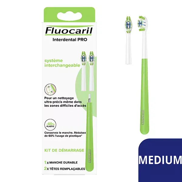 Kit de escova de dentes Fluocaril Interdental PRO tamanho médio: 1 cabo resistente + 2 cabeças substituíveis