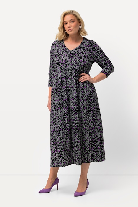 Jerseykleid, Blüten, A-Linie, V-Ausschnitt, 3/4-Arm