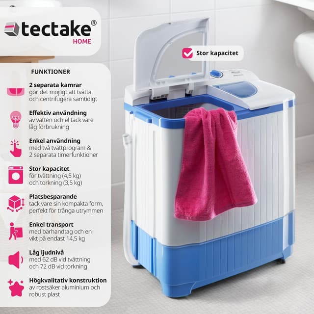Mini vaskemaskine med 4,5 kg. vask og 3,5 kg. centrifugering