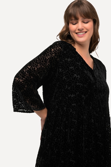 Samt-Midikleid, Ausbrennermuster, Rundhals, 3/4-Arm