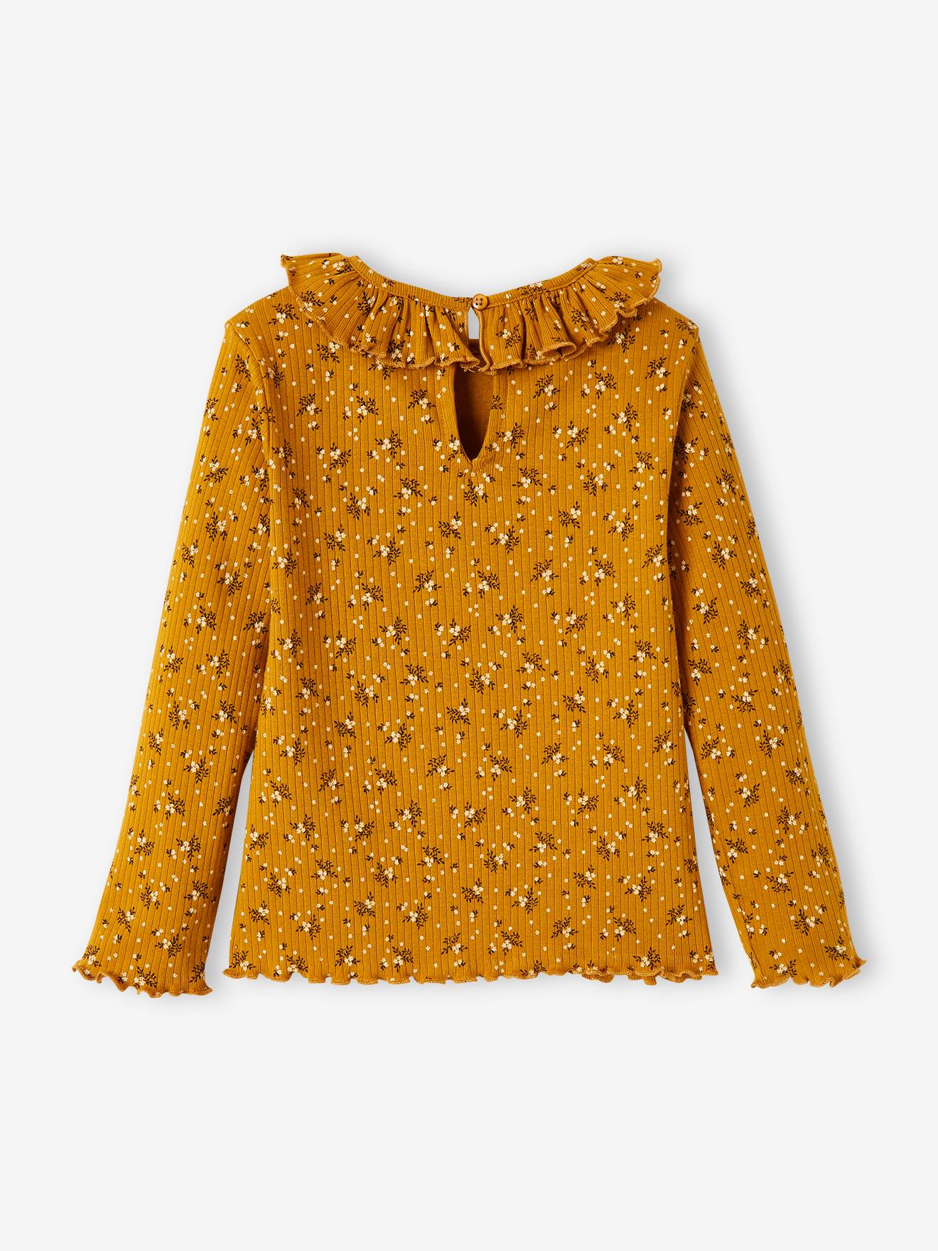 Camiseta floral canelada para meninas, estampa verde média