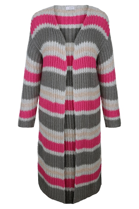 Long-Strickjacke, geringelter Rippstrick, offene Form. Langarm.