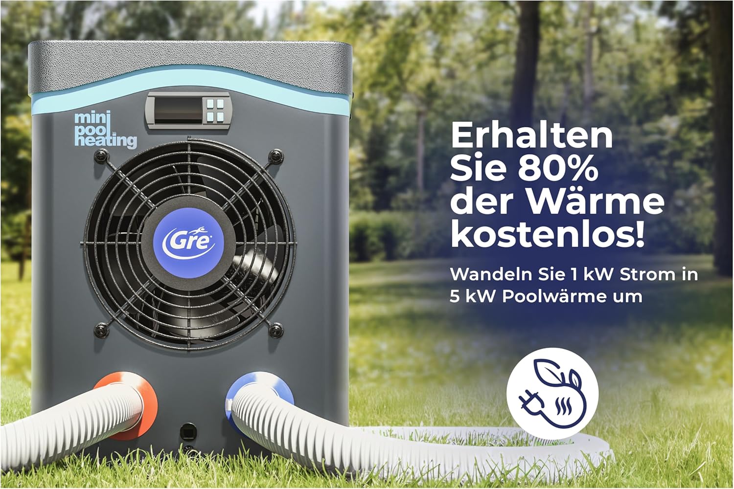Gre HPM30 - Mini-Wärmepumpe für Aufstellpools bis zu 30 m³, Heizsystem für Aufstellpools, Farbe Grau