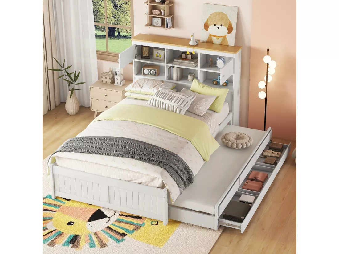 Lit gigogne avec rangements et 3 tiroirs - 140 x 200 et 90 x 190 cm - bois MDF - blanc - LOSIANA