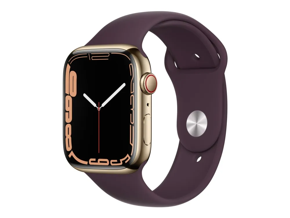 [OUTLET] - Apple Watch Series 7 (GPS   Cellular) - 45 mm - guld rustfrit stål - smart ur med sportsbånd - fluoroelastomer - mørkt kirsebær - båndstørrelse: Almindelig - 32 GB - Wi-Fi, Bluetooth - 4G - 51.5 g