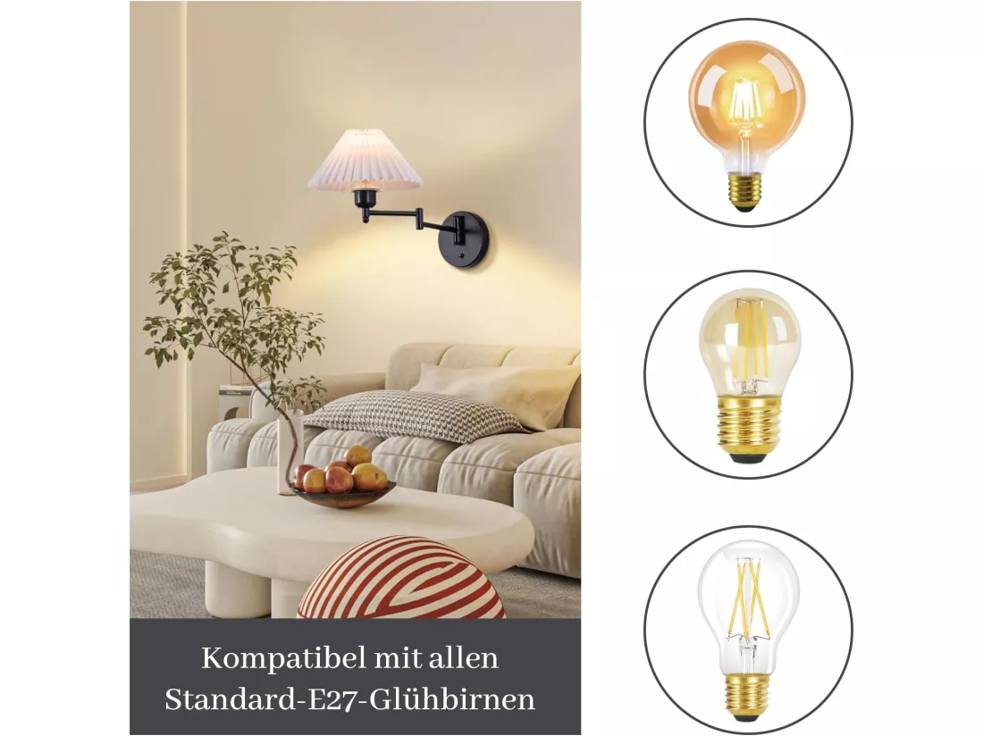 NETTLIFE Lot de 2 appliques applique d'intérieur vintage : E27 abat-jour rétro éclairage mural orientable 40W.MAX blanc sans ampoule