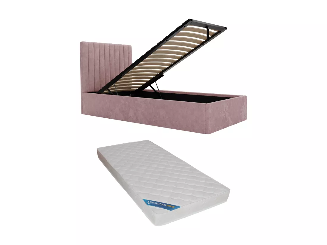 Lit coffre 90 x 190 cm avec tête de lit coutures verticales - Tissu - Rose + Matelas - SARAH
