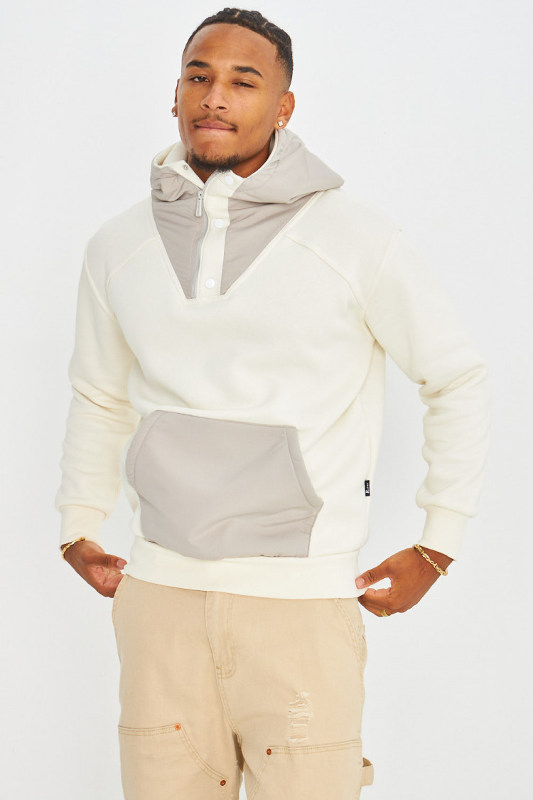 Sweat bicolor beige et gris à capuche