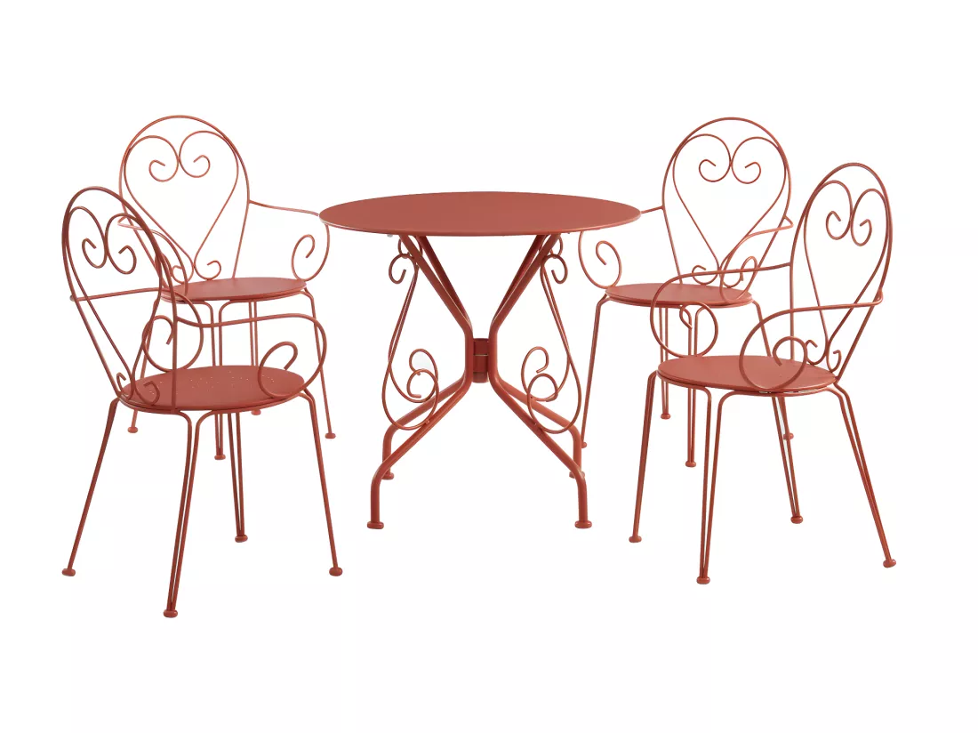 Salle à manger de jardin en métal façon fer forgé: une table et 4 fauteuils empilables - Terracotta - GUERMANTES de MYLIA