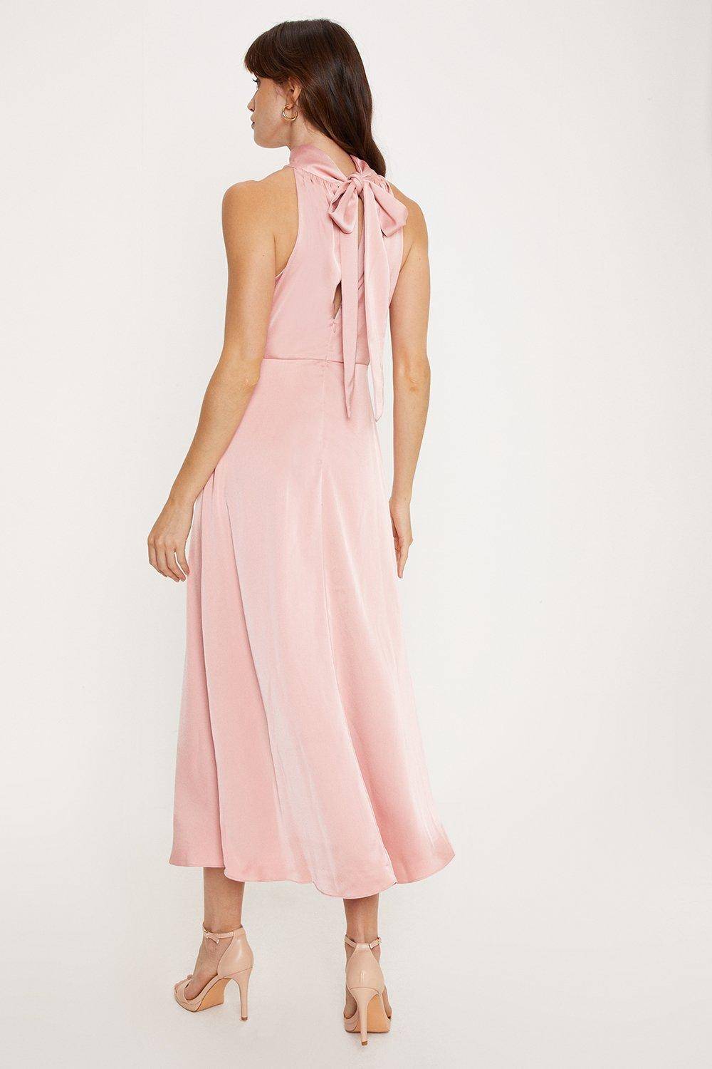 Oasis Robe de Demoiselle d'Honneur Mi-Longue en Satin à Col Licou