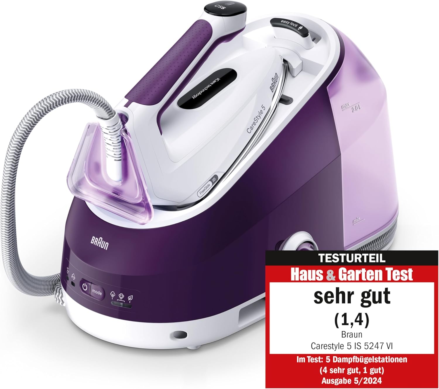 Braun CareStyle 5 IS5247VI Dampfbügeleisen mit FreeGlide-Technologie 3D, 145 g/min Dampf, schnelles Aufheizen, iCare-Modus, vertikales Bügeln, abnehmbarer 2-L-Tank, 2400 W, Violett