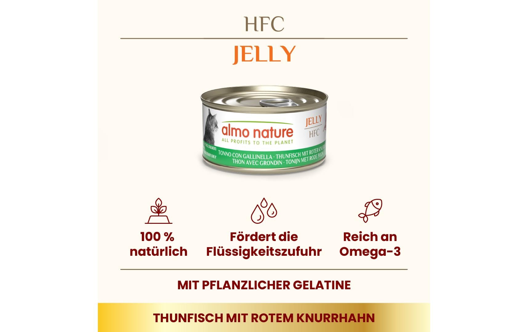 Nassfutter HFC Jelly Thunfisch mit Roter KnurrhahnNassfutter mit Thunfisch und rotem Knurrhahn, unterstützt die Beseitigung von Haarballen und ist ideal für heisse Tage