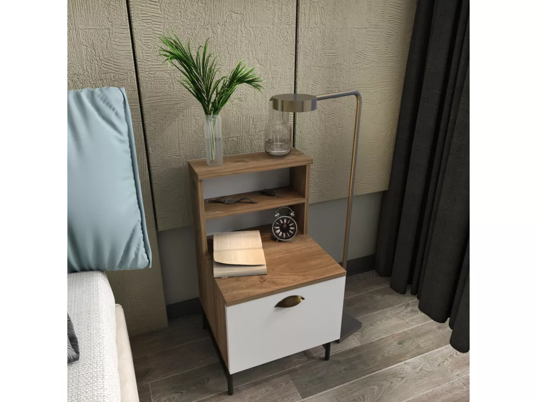 Table de nuit, chifonnier Cressi avec armoire (Noyer et Blanc et Noir)