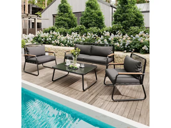 Salon de jardin avec structure en fer galvanisé, plateau de table en verre trempé, pieds de table réglables avec siège et coussins,noir