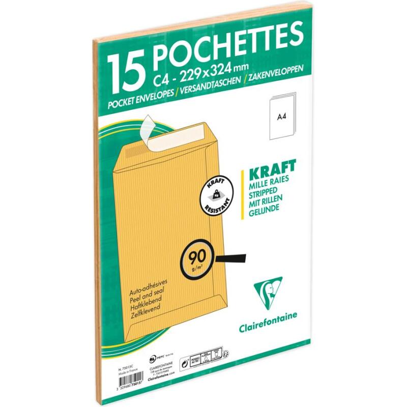 Paquet de 15 Pochettes Kraft Milleraies Brun C4-229x324 mm - Auto-Adhésives - 90g/m2 - Brun