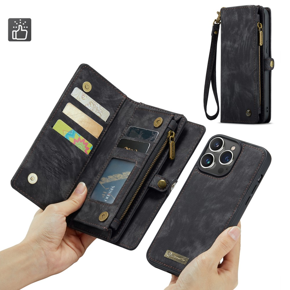 iPhone 16 Pro 2in1 Leder Tasche   Magnet Hardcase Karten Etui - Schwarz