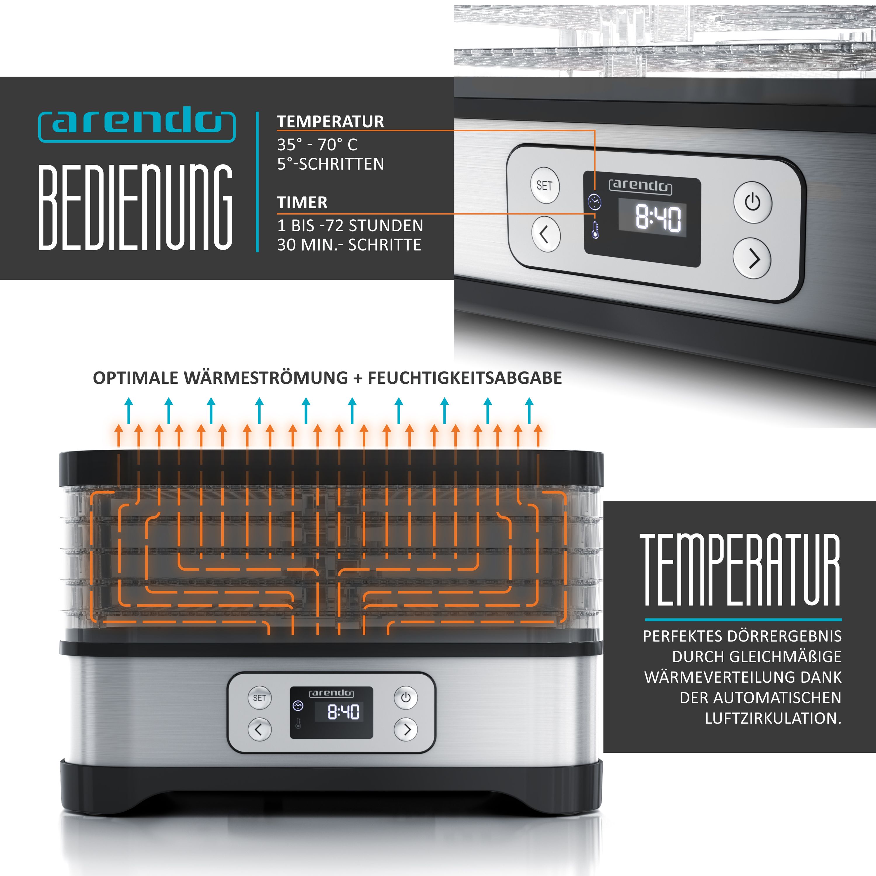 Arendo Dörrautomat mit Temperaturregler Dörrgerät DEHYDRATOR