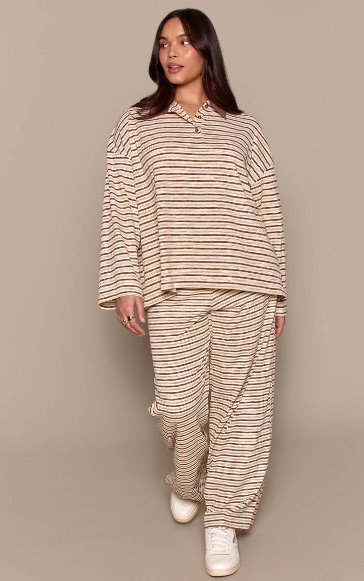 Light Brown Pantalon Droit Taille Basse Côtelé Doux À Rayures Plus