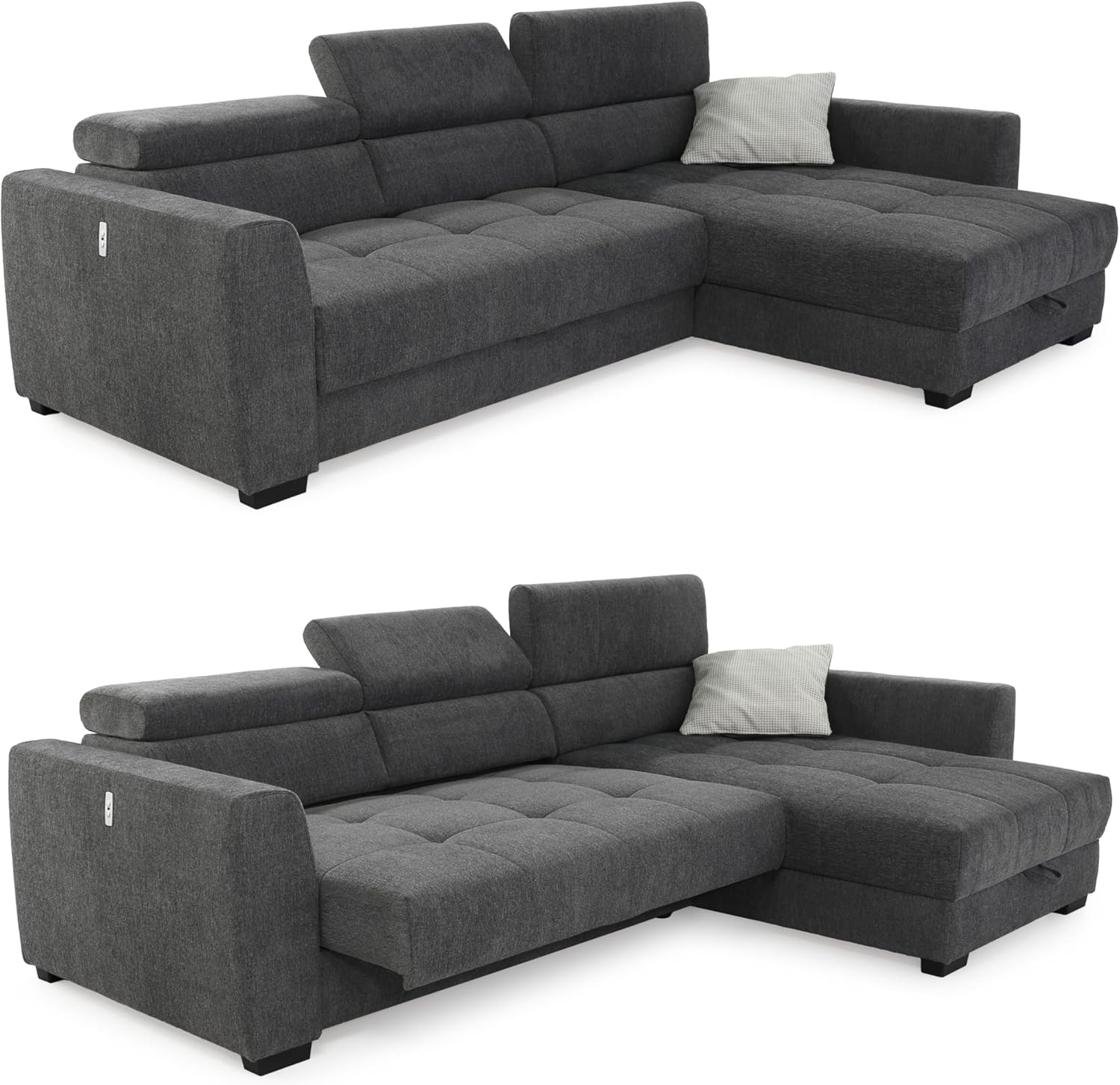 Ecksofa B300/T196/H103 cm mit elektrischer Sitztiefenverstellung, Kopflehnen höhenverstellbar, ausfahrbare Couch, USB Ladefunktion, Bettkasten, spiegelverkehrt montierbar, Chenille Dunkelgrau / 15409