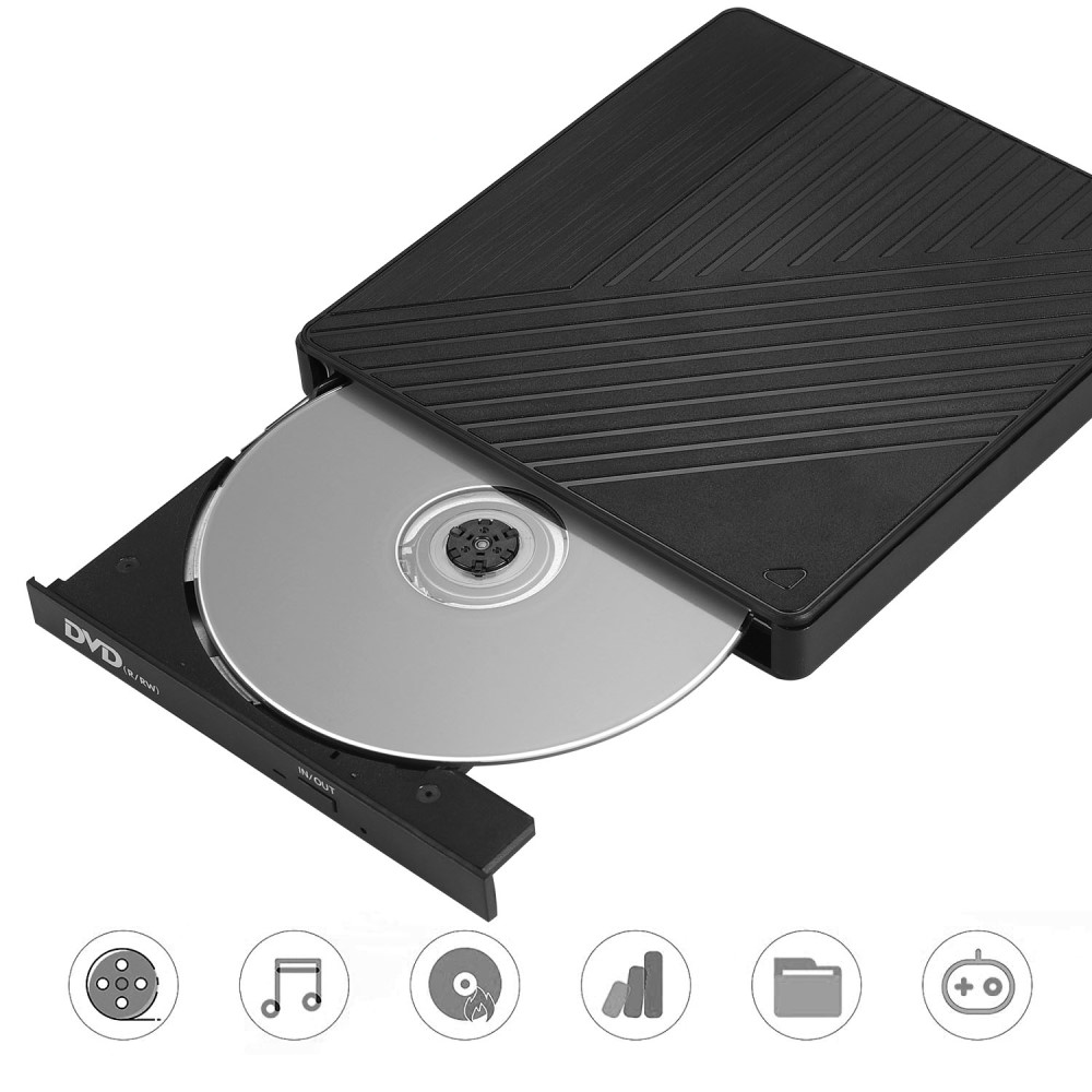 3in1 Slim Super Drive USB C / USB 3.0 CD DVD-RW Externes Laufwerk Brenner mit SD- / MicroSD Card Reader / Dual USB für MacBook / Laptop - Schwarz