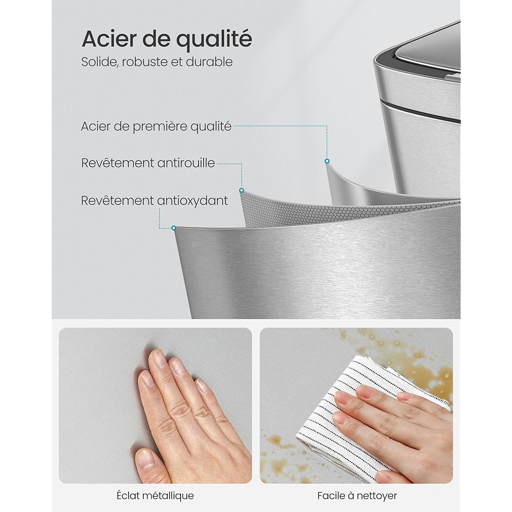 SONGMICS Poubelle de Cuisine, Poubelle à 3 Compartiments, 2 x 10 L et 30 L, Acier, Gain de place, Seaux intérieurs, Filtre à Charbon, 39,5 x 29,8 x 80,2 cm, Argent Métallique LTB551E50 : Cuisine et Maison