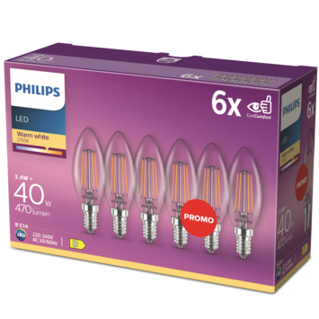 Philips LED kaars E14 3,4W 6 stuks filament helder niet dimbaar