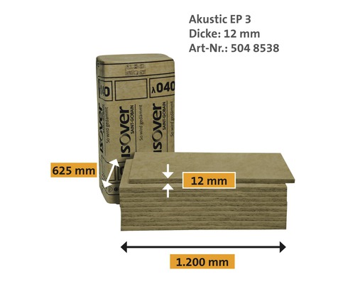 ISOVER Acoustic EP3 dekvloerisolatieplaat, contactgeluidsisolatie voor zwevende dekvloeren, thermische geleidbaarheid 0,040 W/(m·K), 1250 mm x 600 mm x 12 mm